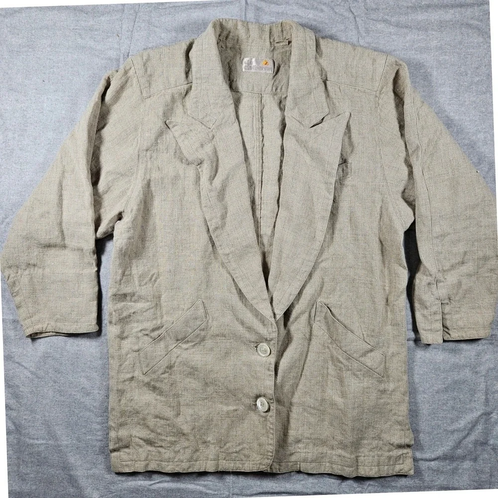 Vintage Liz Claiborne 100% Linen Blazer Beige Khaki Jacket Womens 10 Made in USA